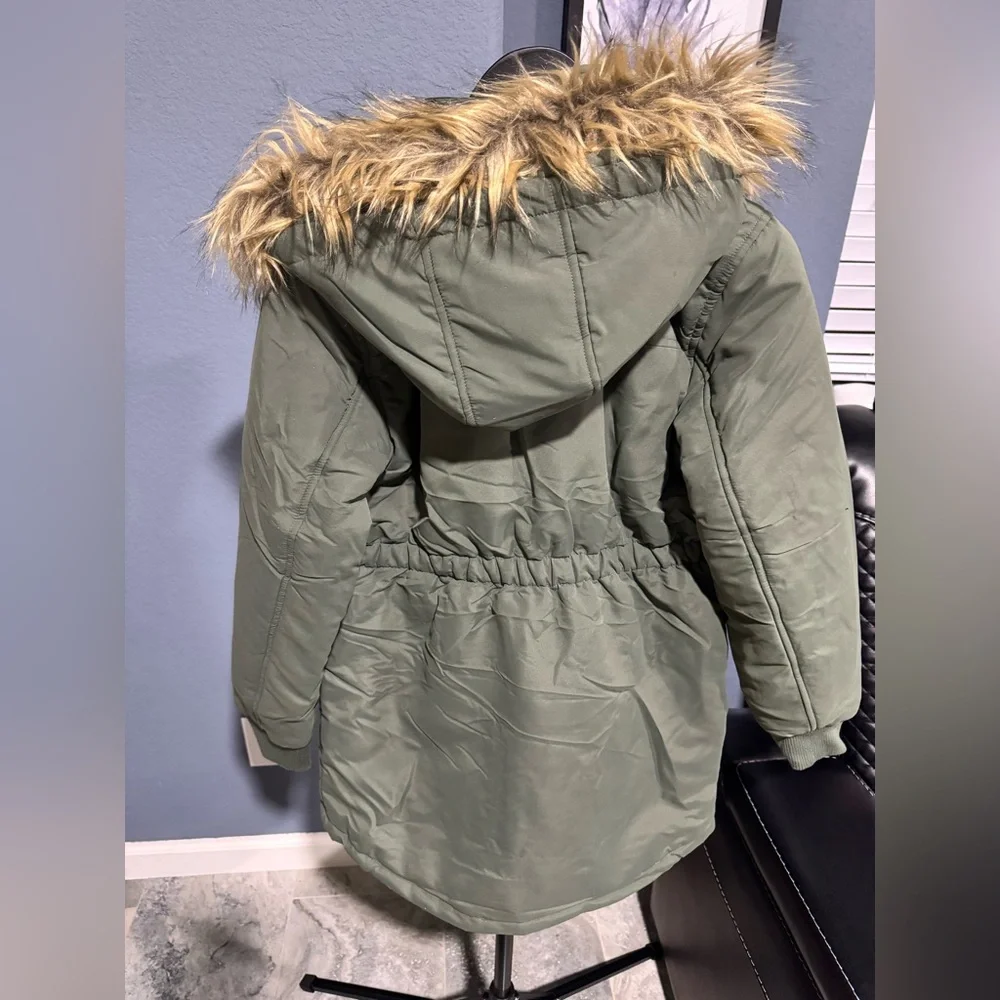 Justice Kids Olive Puffer Jacket with Faux Fur Trim